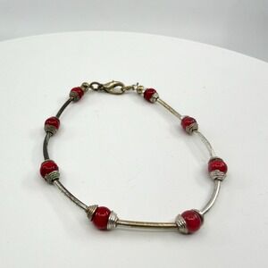 Silver Tone Red Bead Bar Link Bracelet Festive Statement Boho Stacking Jewelry